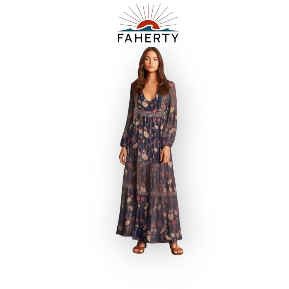 Faherty Floral Prairie Maxi Dress Midnight Blue Wedding Guest Womens Large Boho